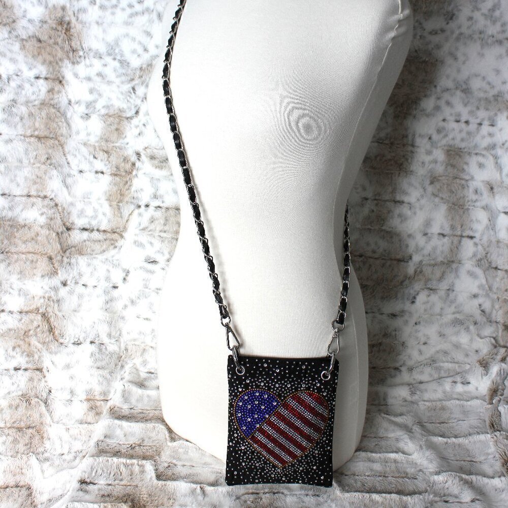 Patriotic Red White Blue Rhinestone Bling Black Hobo Crossbody Mini Phone Bag - Picture 9 of 14